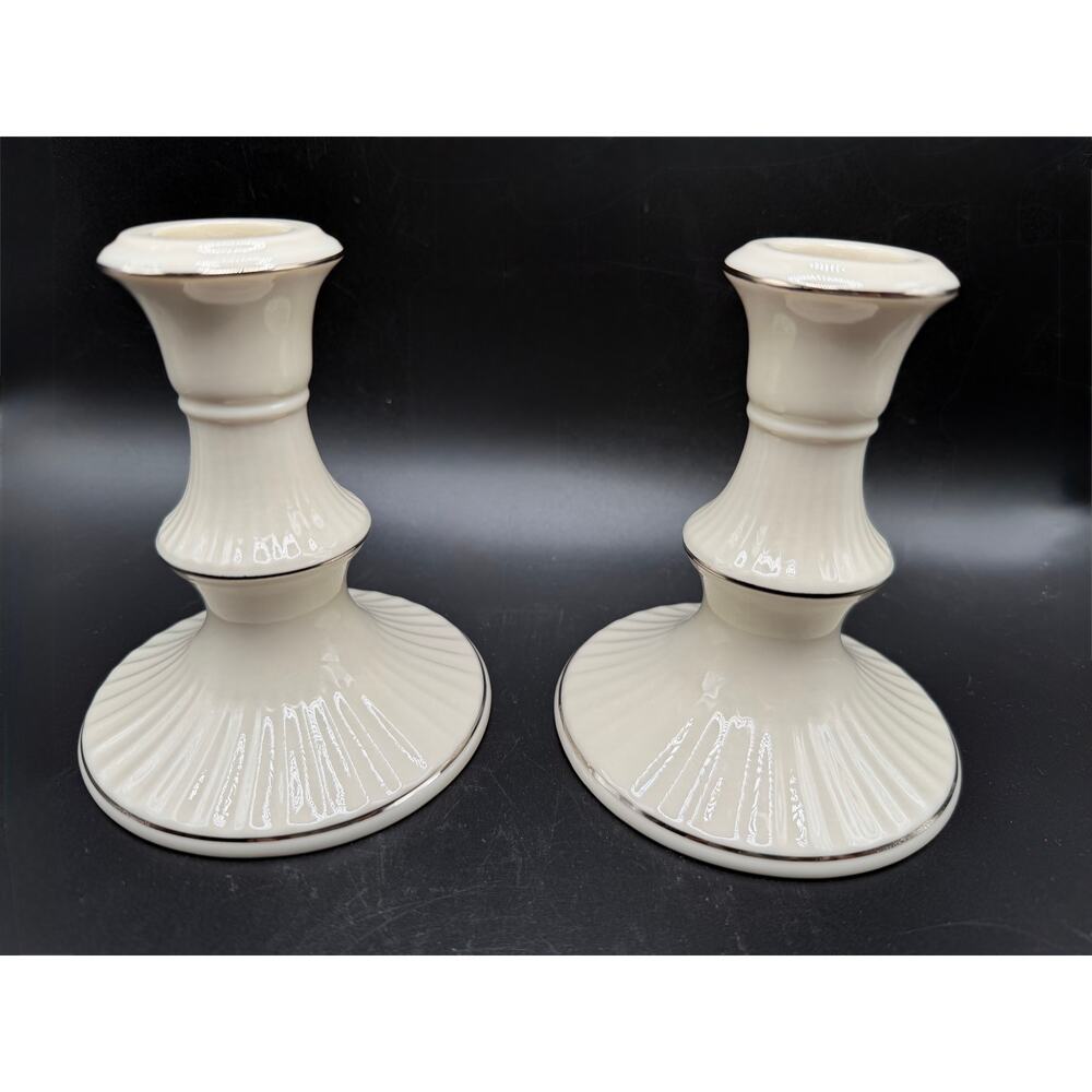 Lenox Ivory Candlestick Holders with Platinum Trim – Set of 2 with Box USA Made